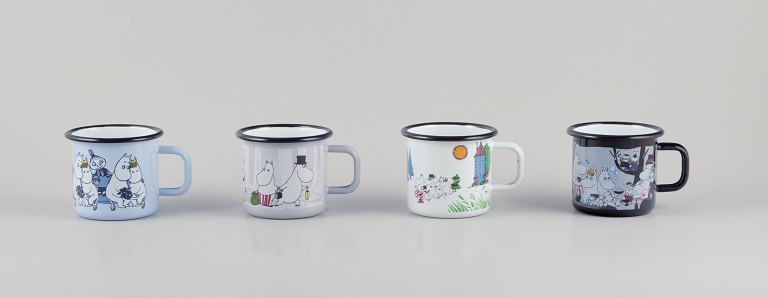 Muurla, Finland. 
Four enamel mugs with different motifs from the Moomin troll universe.