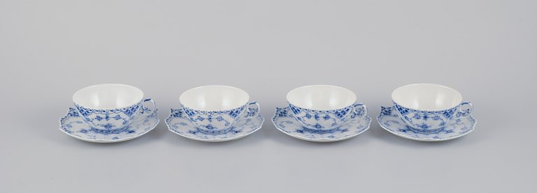 Royal Copenhagen Blue Fluted Full Lace, four pairs of large tea cups.