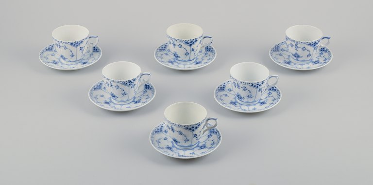 Royal Copenhagen Blue Fluted Half Lace, six pairs of coffee cups.