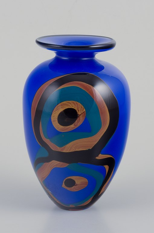 Ioan Nemtoi (Romanian, b. 1964) art glass. Handmade art glass vase. Blue, brown, 
and black shades.