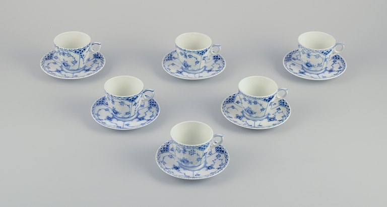 Royal Copenhagen Blue Fluted Half Lace, six pairs of coffee cups.