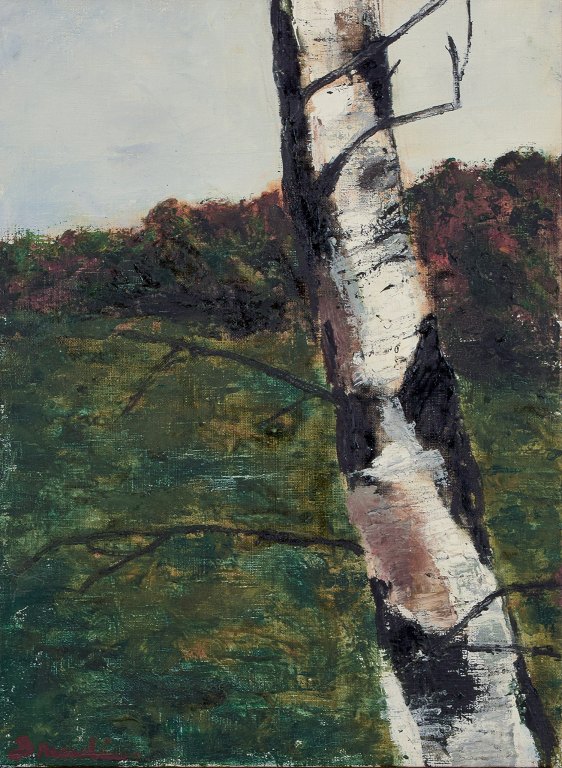 Hanna Brundin, Swedish artist. Oil on canvas. Landscape with birch tree in the 
foreground.