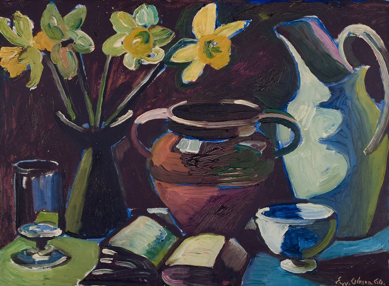 Eyvind Olesen, Danish artist.
Oil on canvas. Modernist still life with a pitcher, flowers in a vase, and a 
book.