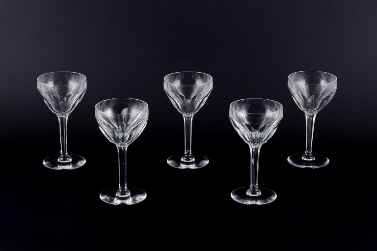 Val St. Lambert, Belgium. 
A set of five large Art Deco red wine glasses in crystal.