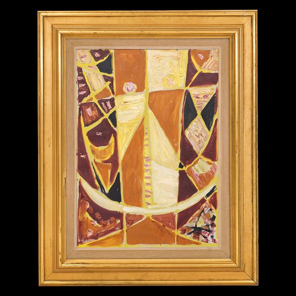 COBRA-member Egill Jacobsen, 191-98, oil on canvas. Composition with a mask. 
Visible size: 64x45cm. With frame: 89x70cm