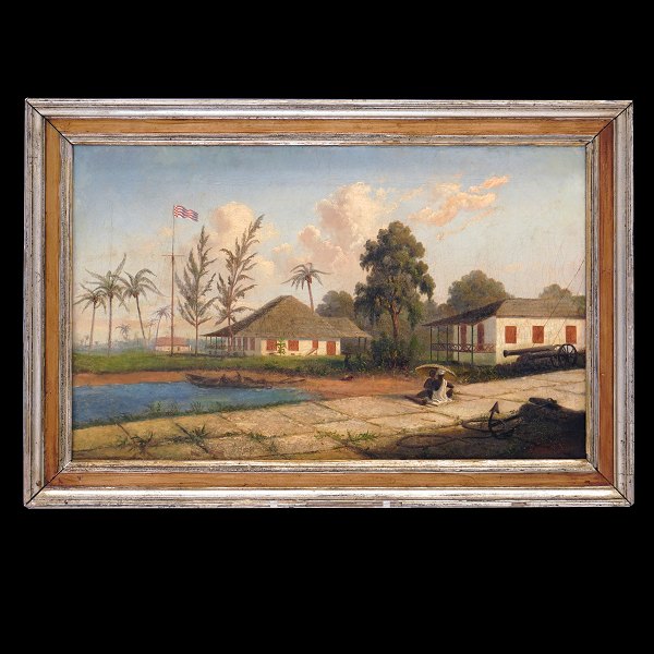 Landscape from Java circa 1880. Signed by unidentified artist, oil on canvas. 
Visible size: 29x47cm. With frame: 37x55cm