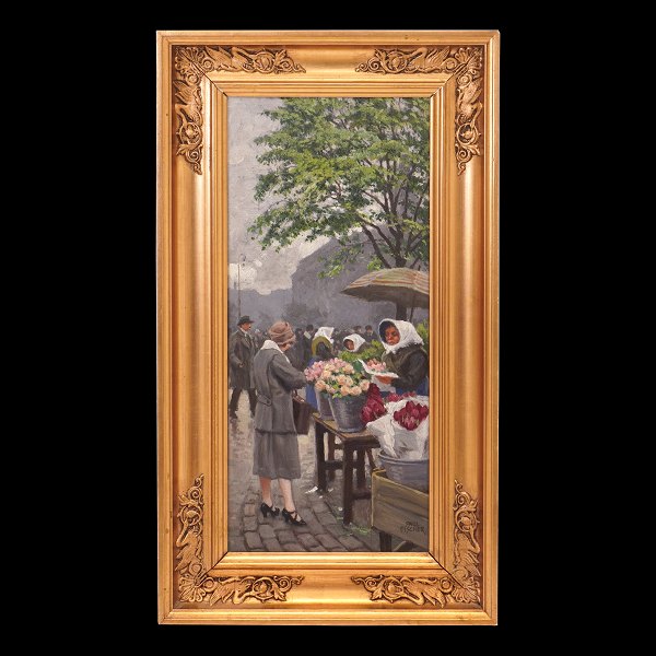 Paul Fischer, 1860-1934, oil on panel. Flower sellers at Højbro Plads, 
Copenhagen. Signed. Visible size: 36x15cm. With frame: 46x25cm