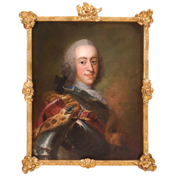 Portrait of King Christian VI by the School of Pilo circa 1775. Visible size: 
71x56cm. With frame: 86x66cm