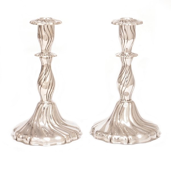 Pair of Rococostyle silver candlesticks by Hans Jensen, Copenhagen. H: 20,7cm