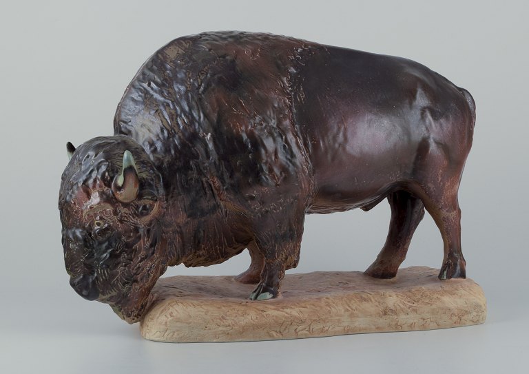 Kuno Norvark for Bing and Grondahl. 
Colossal and rare bison box in glazed stoneware.