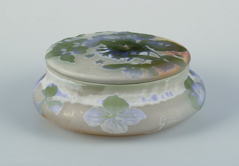 Emile Gallé, France. Rare glass lidded jar, with violet and green overlay glass.