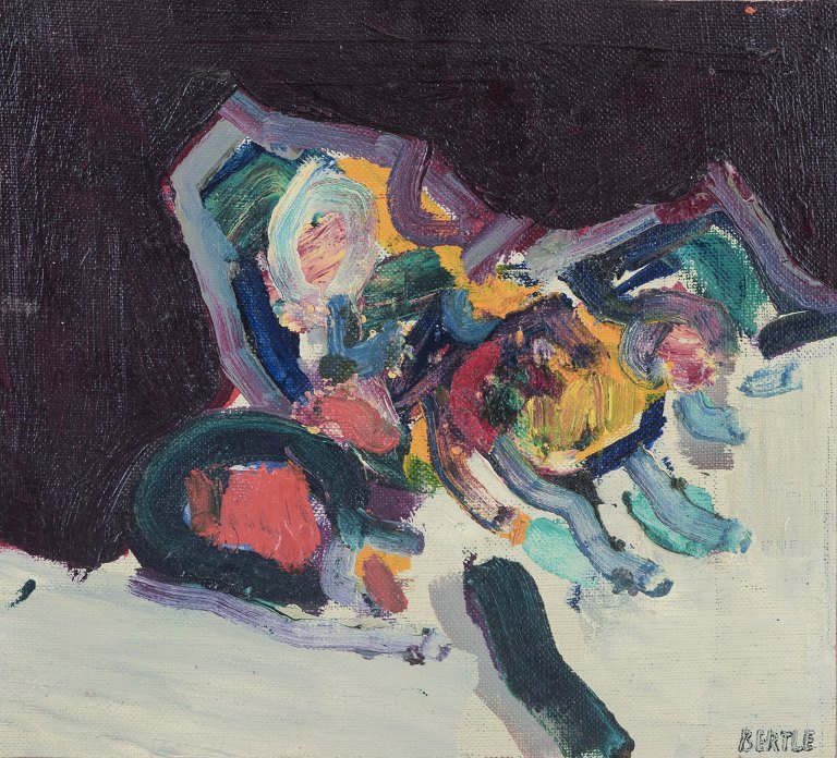 Lars Bertle (f. 1925), Svensk kunstner.
Olie på lærred opsat på plade.
Abstrakt komposition.