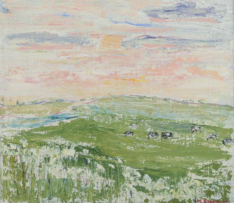 Maj Stentoft (1924-2005), listed Swedish artist, oil on canvas.
Abstract summer landscape with grazing cows.