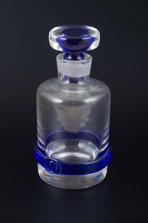 Decanter with stopper in clear and blue glass. Probably Murano, Italy, mid-20th 
century.