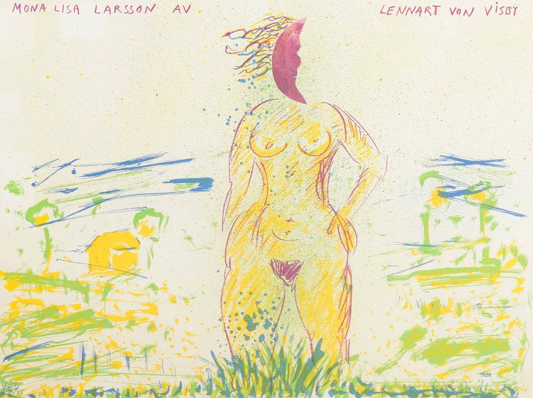 Female figure in an expressive landscapeErik Dietman"Mona Lisa Larsson"Color lithograph.