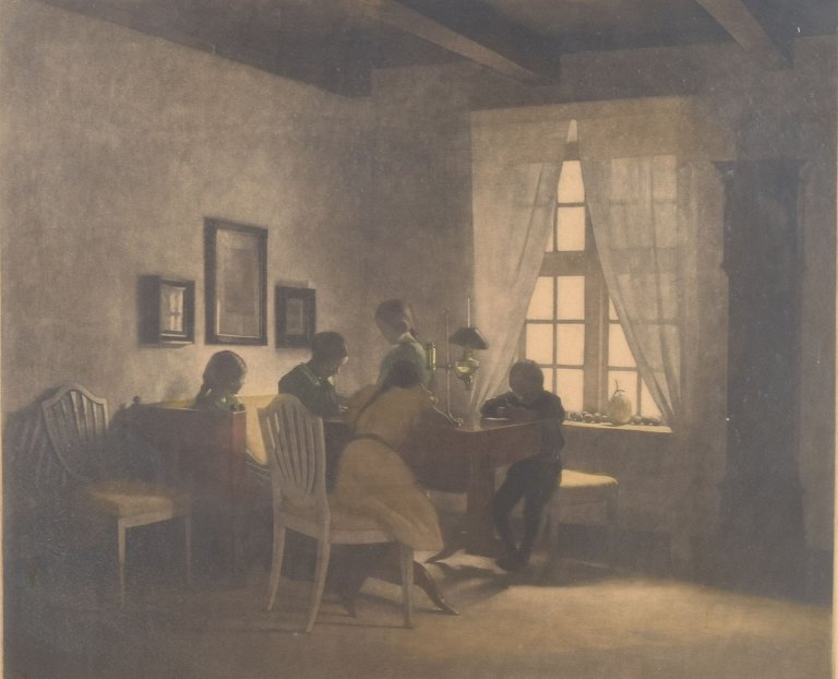 Peter Ilsted (1861–1933)Interior with family at the table.Color mezzotint.
