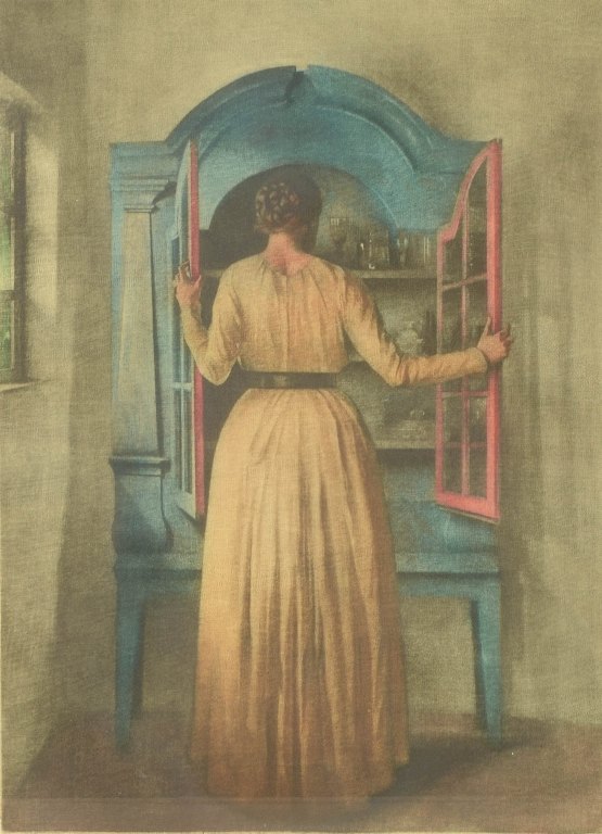 Peter Ilsted“Woman at a Cabinet”.Mezzotint in colors.