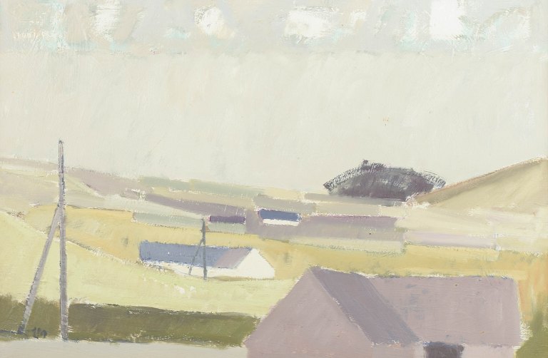 Leon Møller, Danish artist.
Landscape with houses.
Oil on canvas.
An atmospheric l