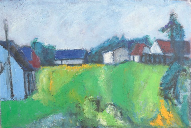 Johnny Madsen, Danish artist
Village scene with house.
Oil on canvas.