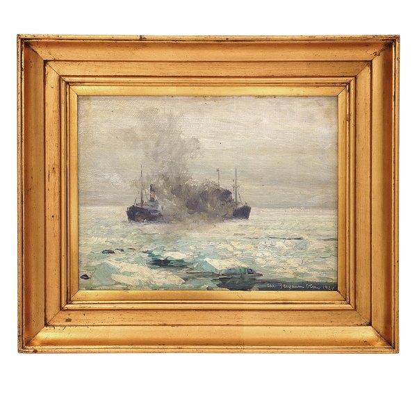 Christian Benjamin Olsen, 1873-1935, oil on wood. Steamship in the Arctic Ocean. Signed and dated 1924. Visible size: 19x26cm. with frame: 31x37cm