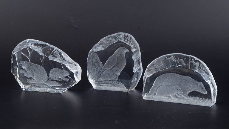 Paul Isling for Svenskt Glas, WWF art glass sculptures, set of 3.