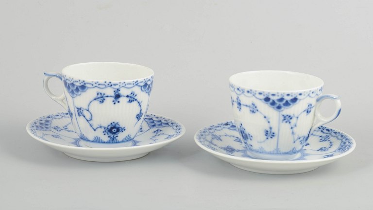 Royal Copenhagen Blue Fluted Half Lace, set of two coffee cups with matching saucers.