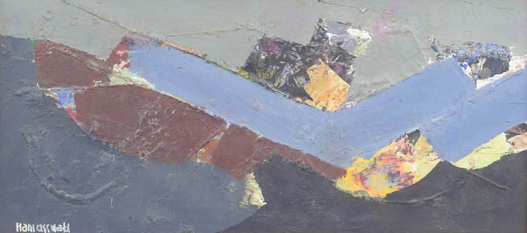 Hans Osswald, abstract composition, oil on board, listed Swedish artist.