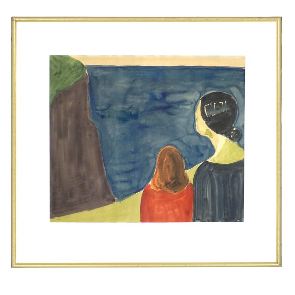 Samuel Joensen-Mikines, 1906-79, water color. Mother with child at the uisland Hestur. Signed and dated 1940. Visible size: 43x50cm. With frame: 65x69cm