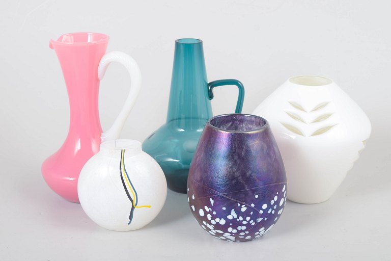 Set of five art glass vases and art glass objects.