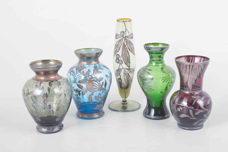 Murano, set of five hand-painted art glass vases.