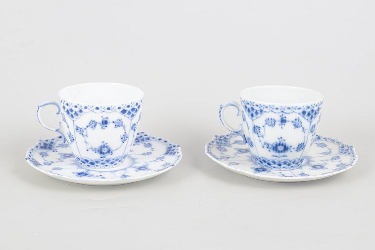 Royal Copenhagen Blue Fluted Full Lace, set of two coffee cups and saucers.
