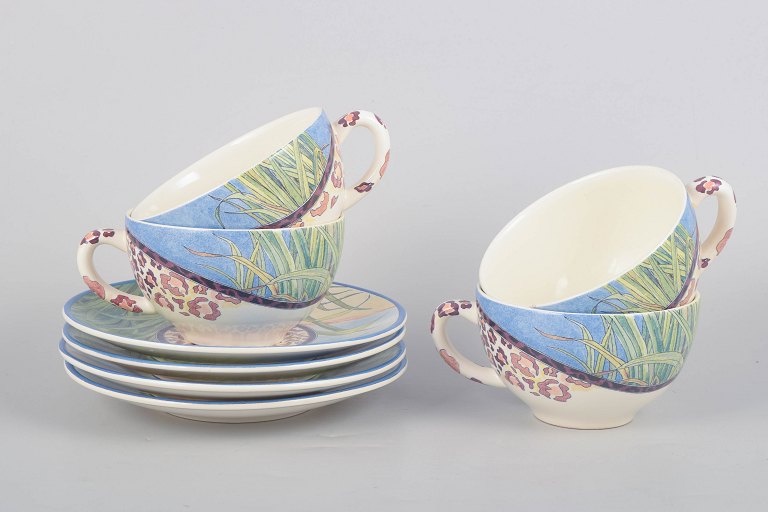 Gien "Savane", set of four large morning cups with matching saucers.