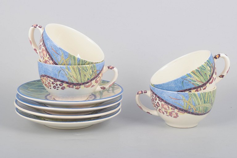Gien "Savane", set of four coffee cups with matching saucers.