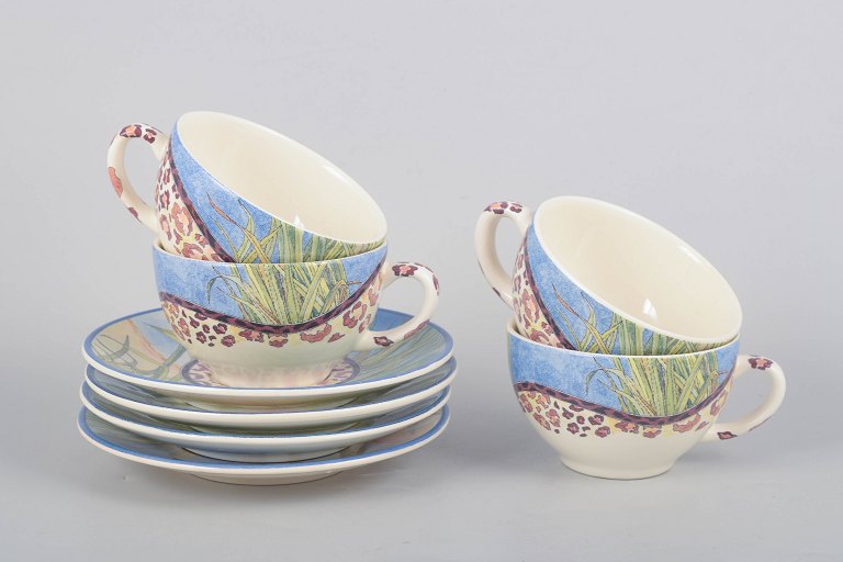 Gien "Savane", set of four coffee cups with matching saucers.