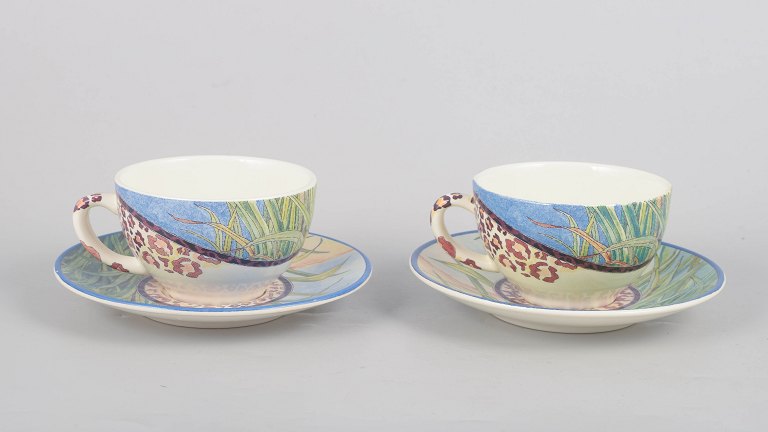 Gien "Savane", pair of coffee cups with matching saucers.