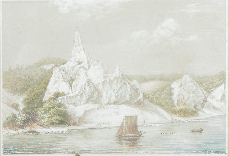 Johan Adolph Kittendorff (1820-1902)Danish Golden Age painter, gouache on paper, 1861. The Summer Spire at Møns Klint.